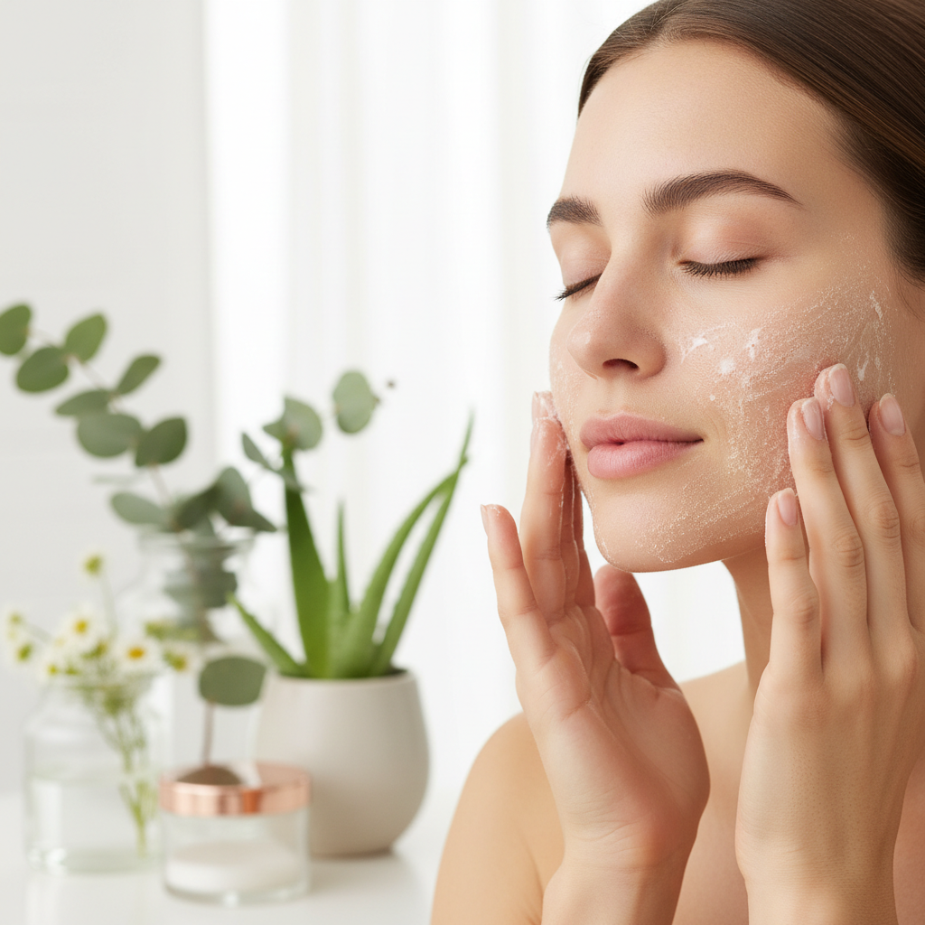 Woman applying exfoliating face scrub lifestyle shot