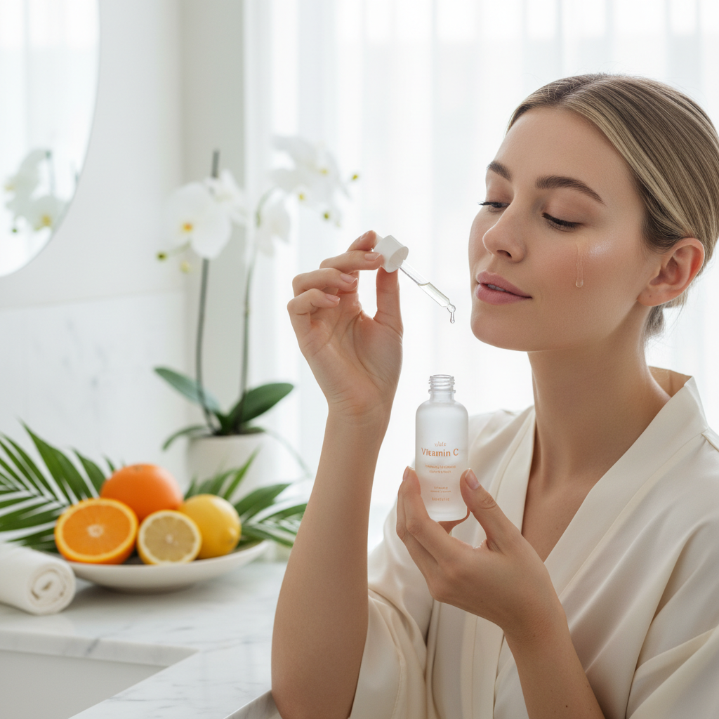 Woman applying vitamin C serum drops to cheek lifestyle shot
