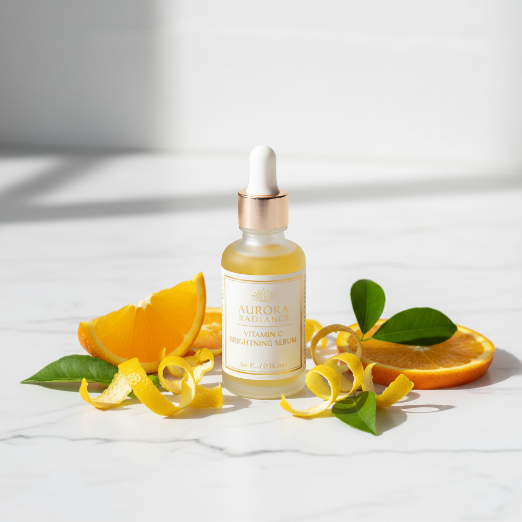Vitamin C Brightening Serum product shot on marble with citrus elements