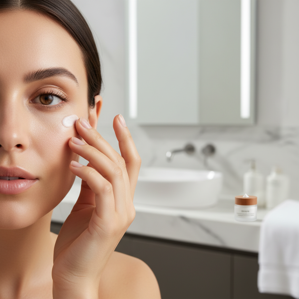 Woman applying eye cream under eye lifestyle shot