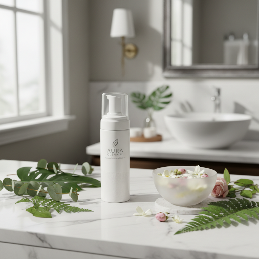 Gentle Foaming Cleanser product shot on marble with botanicals