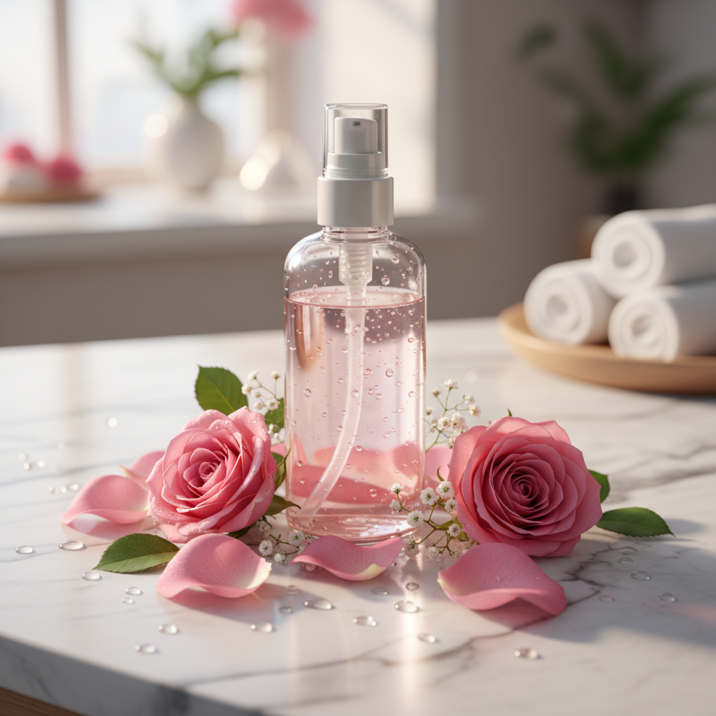 Rose Water Facial Toner product shot on marble surface with rose petals