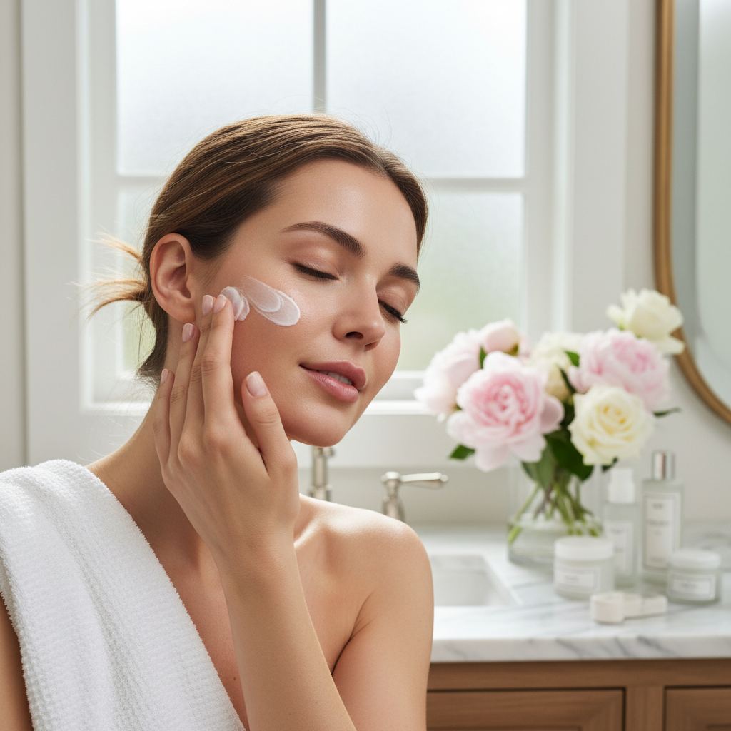 Woman applying moisturizer to cheek lifestyle shot