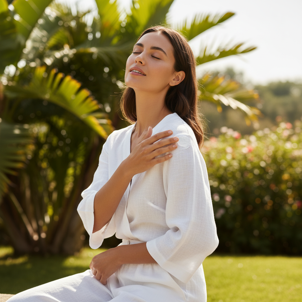Woman applying mineral sunscreen outdoors lifestyle shot