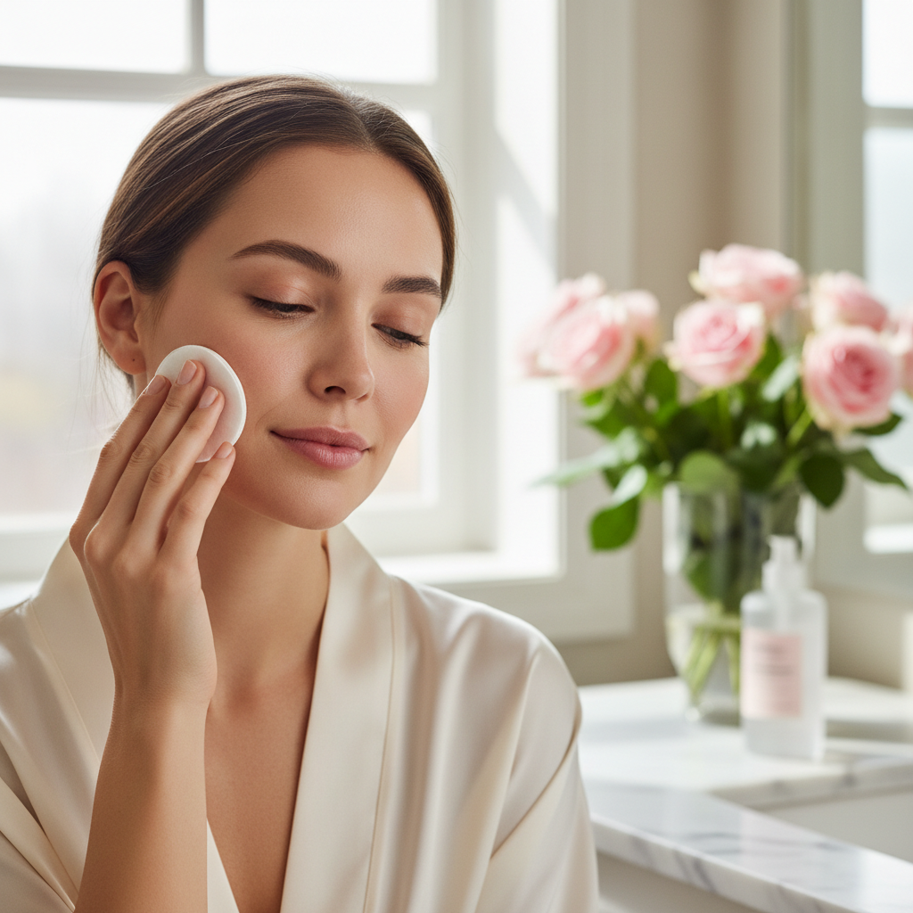 Woman applying rose water toner with cotton pad lifestyle shot