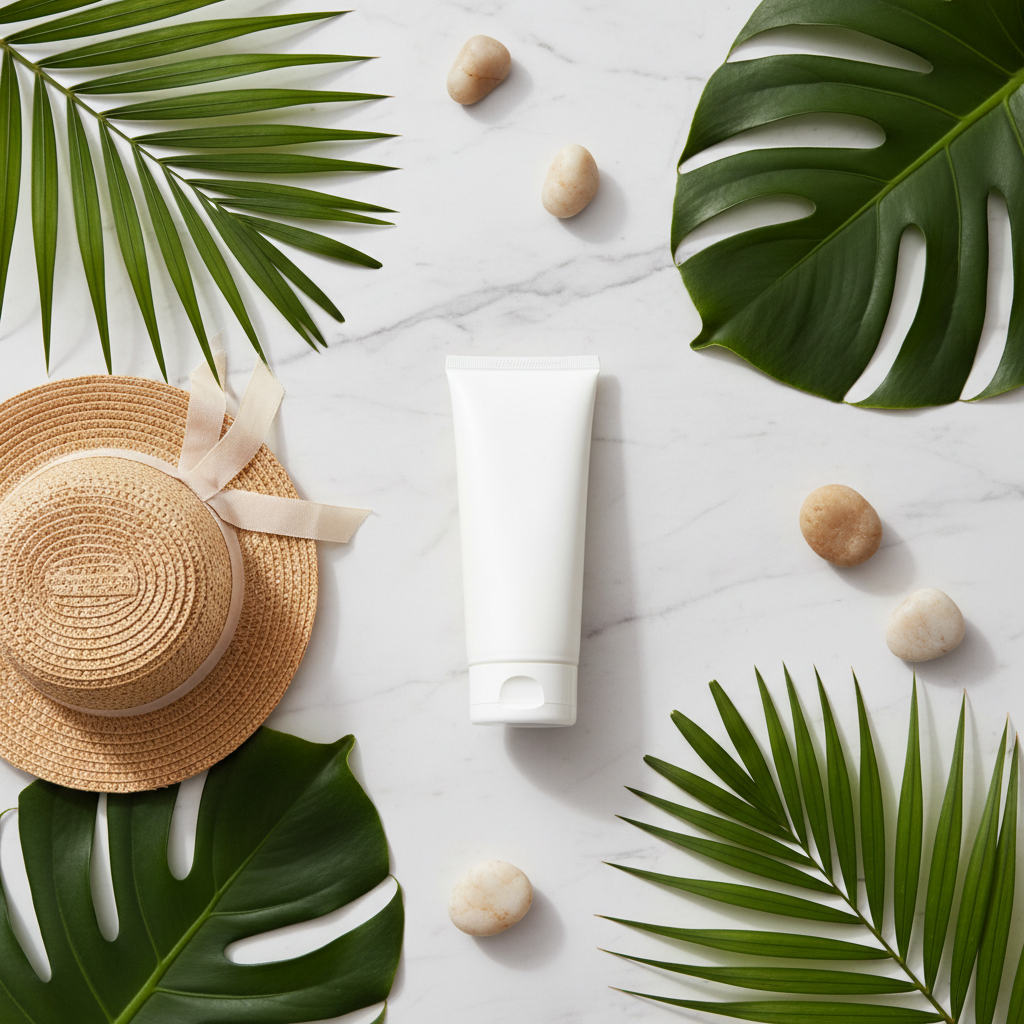 Everyday Mineral Sunscreen SPF 50 product shot on marble with tropical leaves