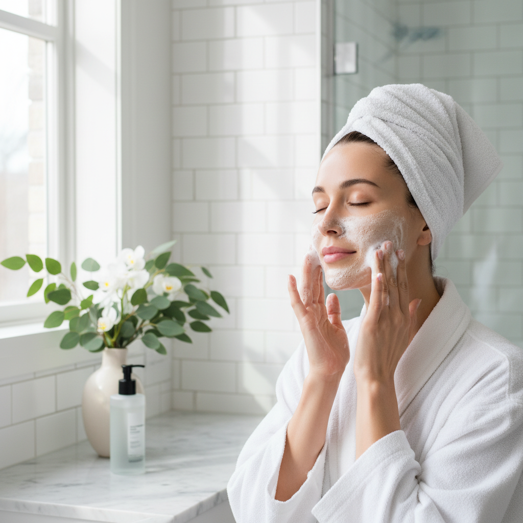 Woman applying foaming cleanser to face lifestyle shot