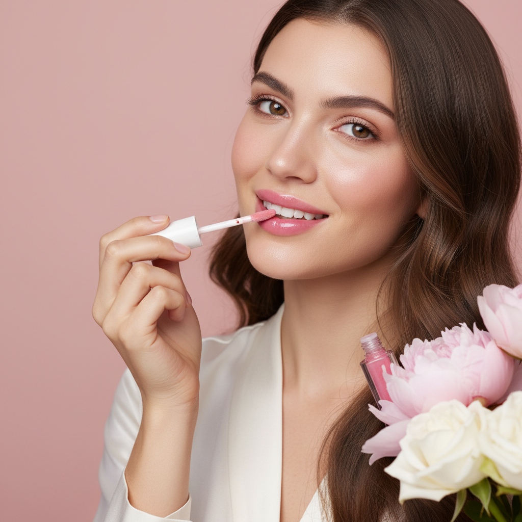 Woman applying tinted lip oil lifestyle shot