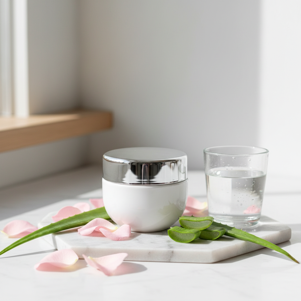 Daily Hydration Moisturizer product shot on marble surface with rose petals and aloe