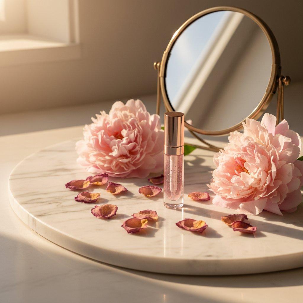 Tinted Lip Oil product shot on marble surface with rose petals