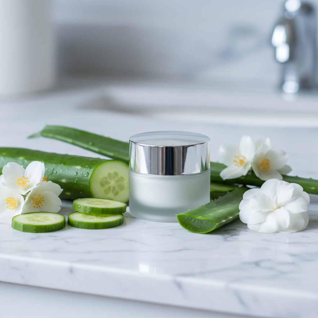 Hydrating Eye Cream product shot on marble surface with cucumber slices